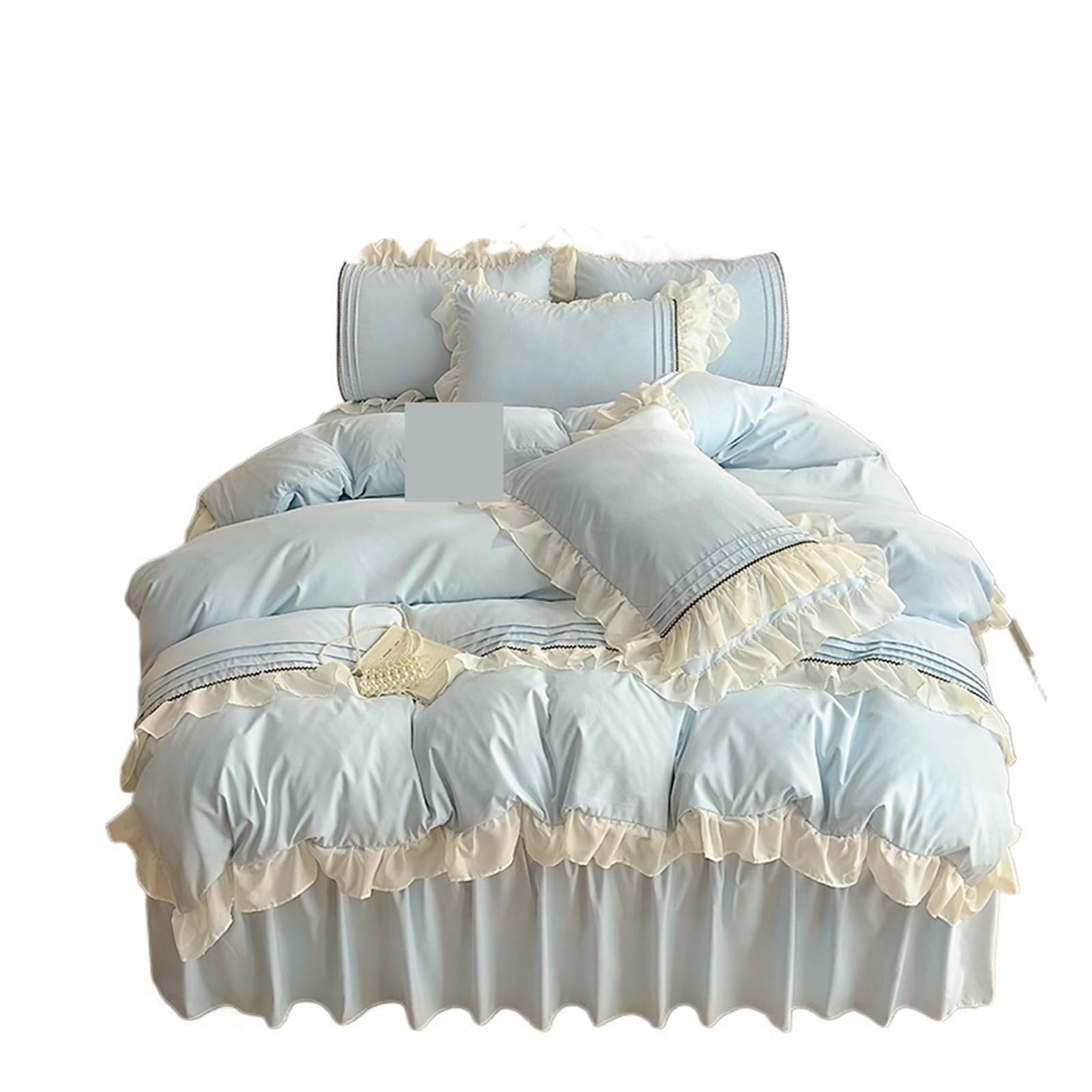 GCYEIDMA Ruffle Duvet Cover Bedding Sets Single Ruffle Lace Quilt Cover 4pcs Queen Duvet for Woman Girls Bedroom(Blue,2.0m bed skirt 4pcs)