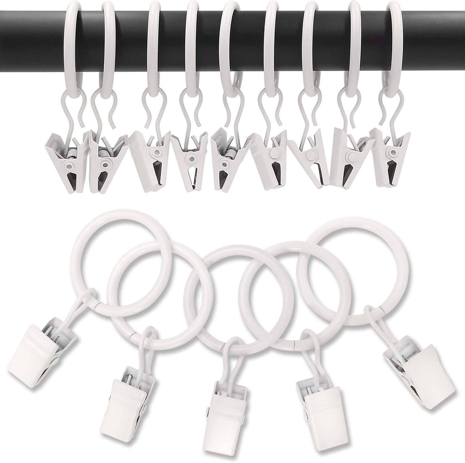 100 Pack Metal Curtain Rings with Clips, Drapery Clips with Rings, Drapes Rings 1 inch Inner Diameter, Fits Diameter 5/8 inch Curtain Rods, White
