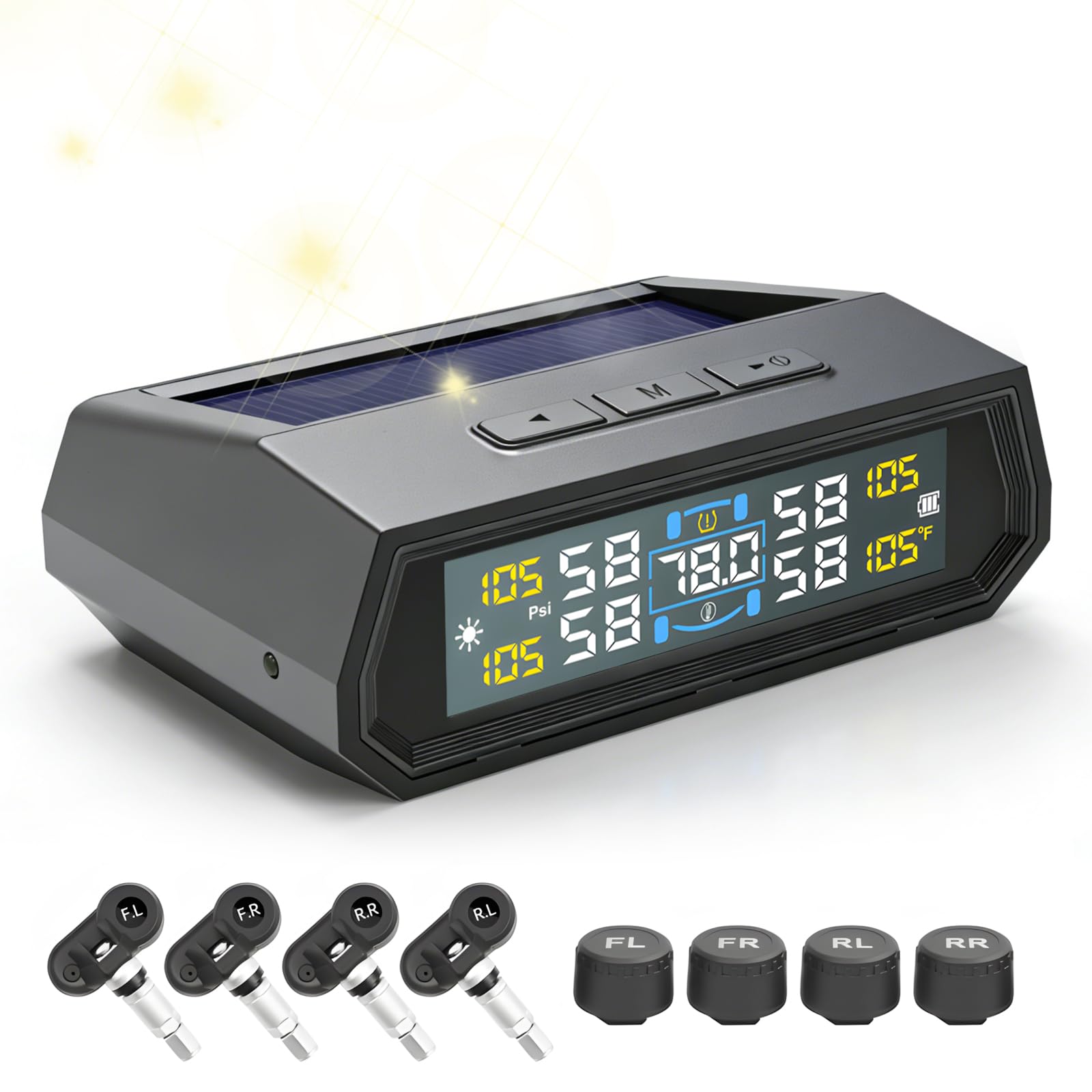TPMS, sistema di controllo della pressione degli pneumatici, sistema di controllo digitale della pressione degli pneumatici, TPMS con 4 sensori esterni, IPX7, impermeabile, mini monitoraggio della