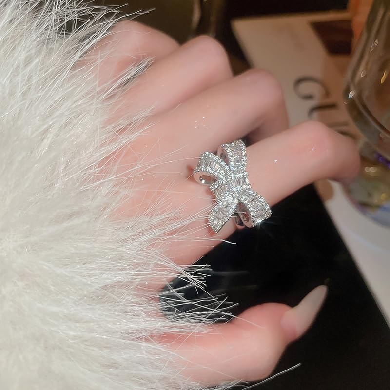 DATOA Sparkling Rhinestone Crystal Bow Ring for Women Silver Bowknot Open Statement Ring Trendy Wedding Cocktail Prom Party Jewelry - Image 3