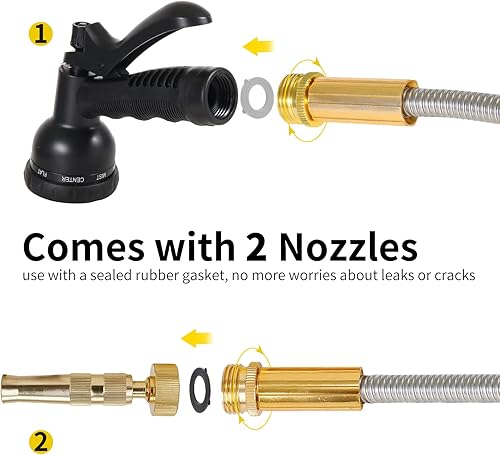 Miniatura 4 de Manguera de jardín de acero inoxidable 304 con boquilla de latón de 50 pies, pistola rociadora de 7 funciones, accesorios de metal sólido, manguera