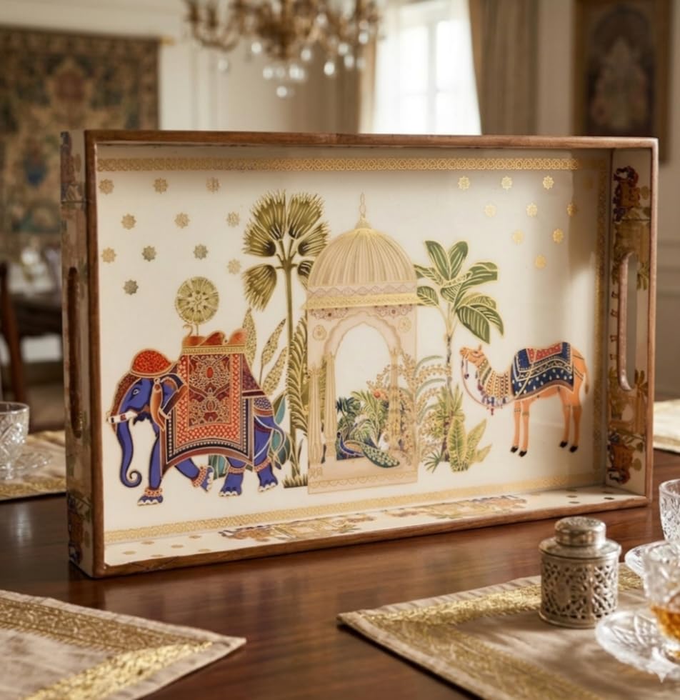Epichunt™ Wooden Serving Tray with Gold Engraving | Set of 1 (16 x 10 inch) | Decorative Trays | Enamel Coated Waterproof | Serving Tray Set | Royal Elephant Camel (L)