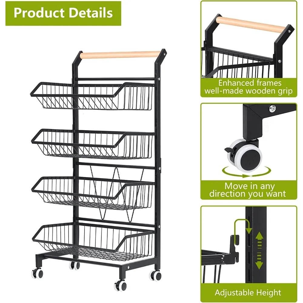 Carrito rodante de 4 niveles para frutas y verduras con asa y ruedas, isla de cocina negra, solución móvil para frutas y verduras, diseño que ahorra espacio
