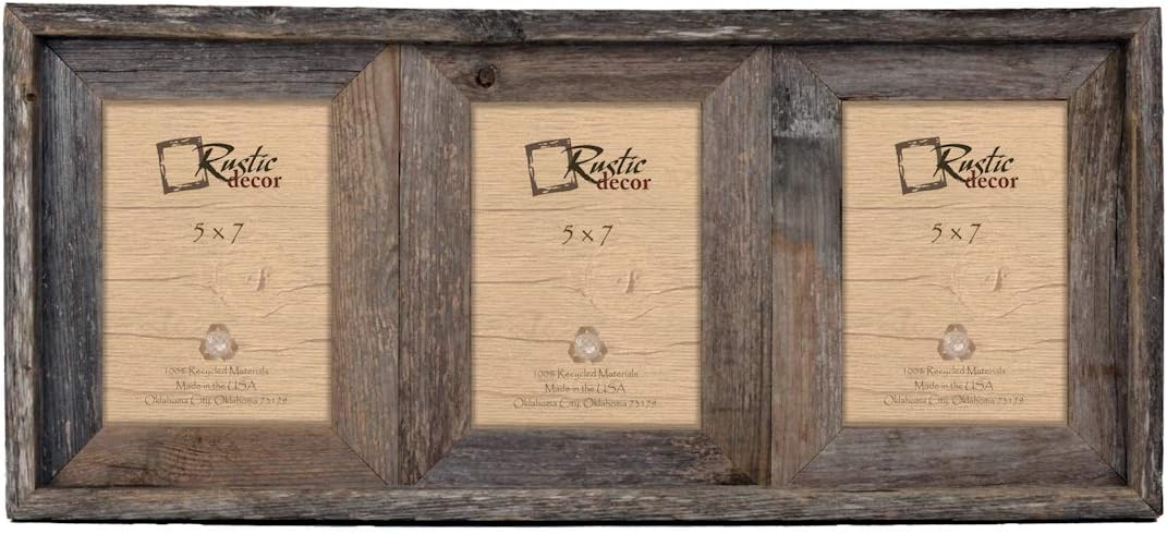 Cufsdo 5x7-2.5" Wide Reclaimed Rustic Barnwood Collage Photo Frame - Holds 3 Photos.