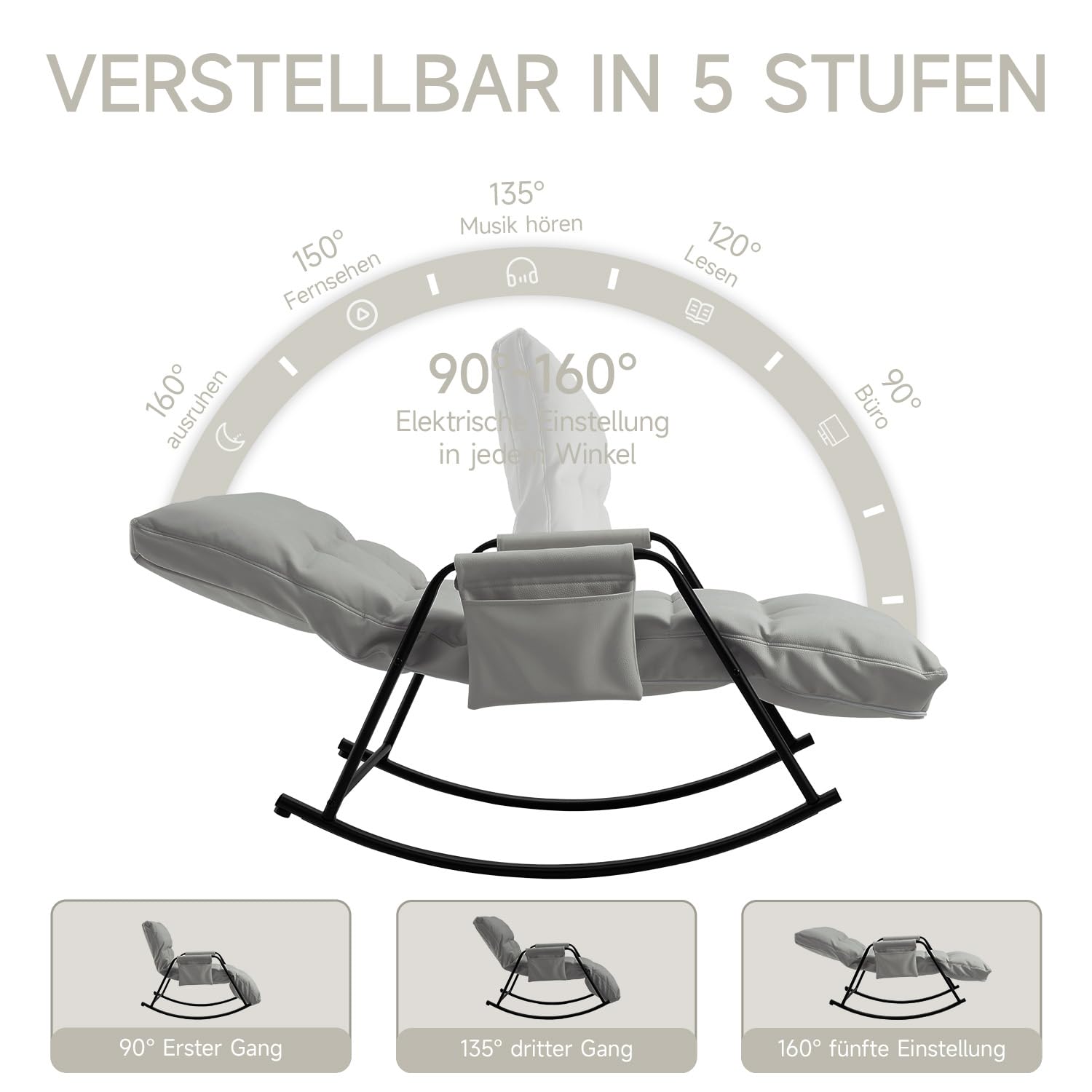 Schaukelstuhl Schaukelsessel mit PU-Leder,160°Neigung 5-Fach Verstellbare Rückenlehne,Ergonomischer Relaxsessel mit Metallgestell für Wohnzimmer Schlafzimmer,Grau