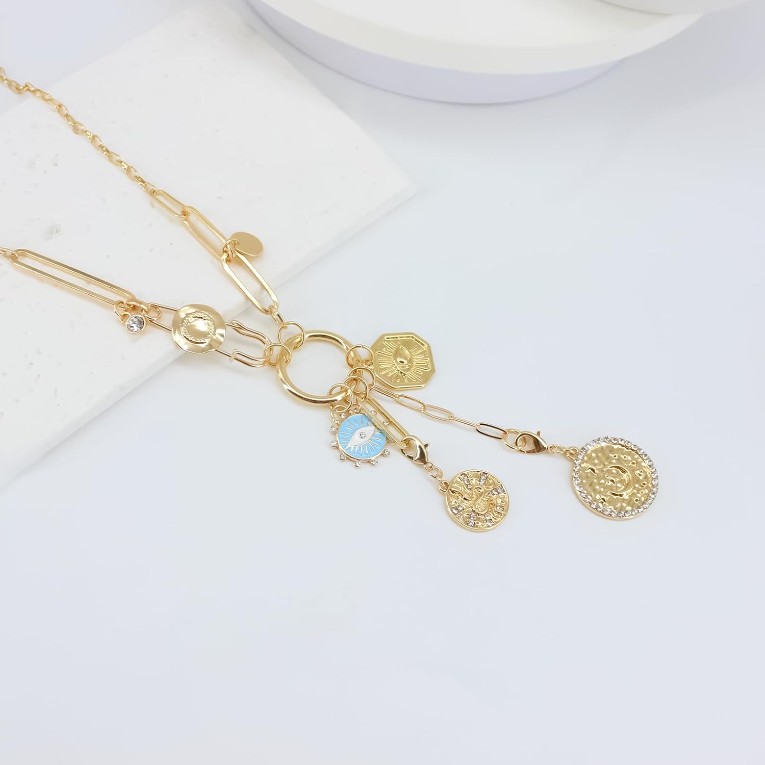 Gold Charm Necklace for Women, Detachable Women's Evil Eye Paperclip Charm Necklace, Gold Coin Necklace - Image 5