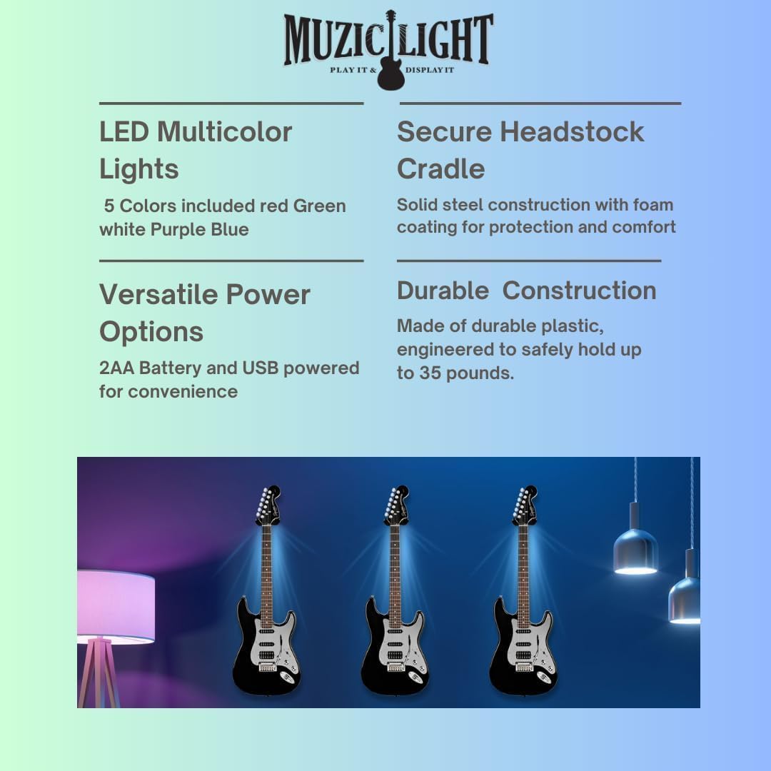 MuzicLight Soporte de pared para guitarra iluminada y soporte de pared para guitarra eléctrica o guitarra acústica con LED para exhibición de guitarra con iluminación ambiental (azul)