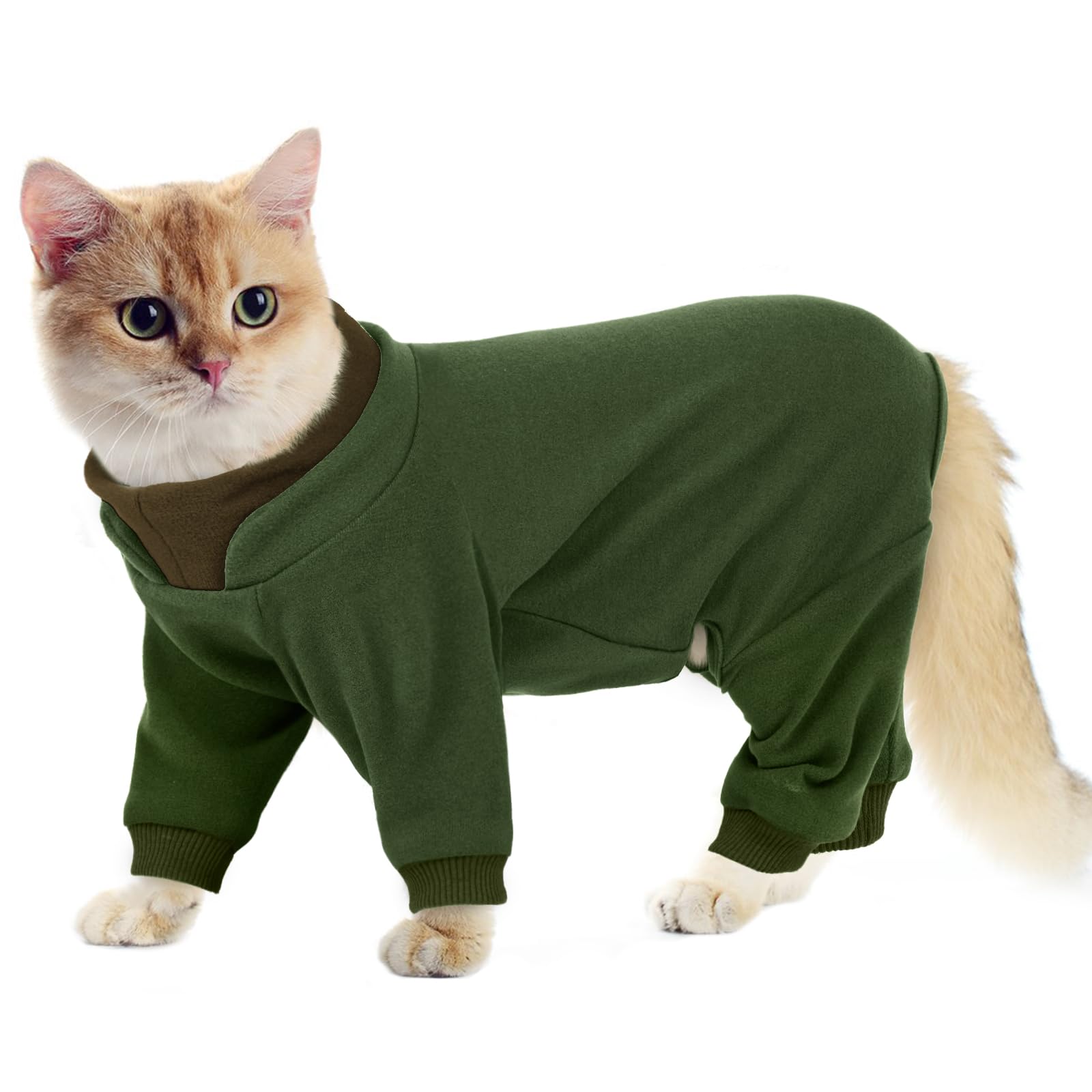 Cat Recovery Suit with Legs | Snug-Fit Cat Onesie for Shaved Cats | Overgrooming Suit Anti-Licking | Open-Belly Sticky Hair Top for Easy Litter Tray Access | Fleece Indoor Jumper (Army Green XXL) โ image 1