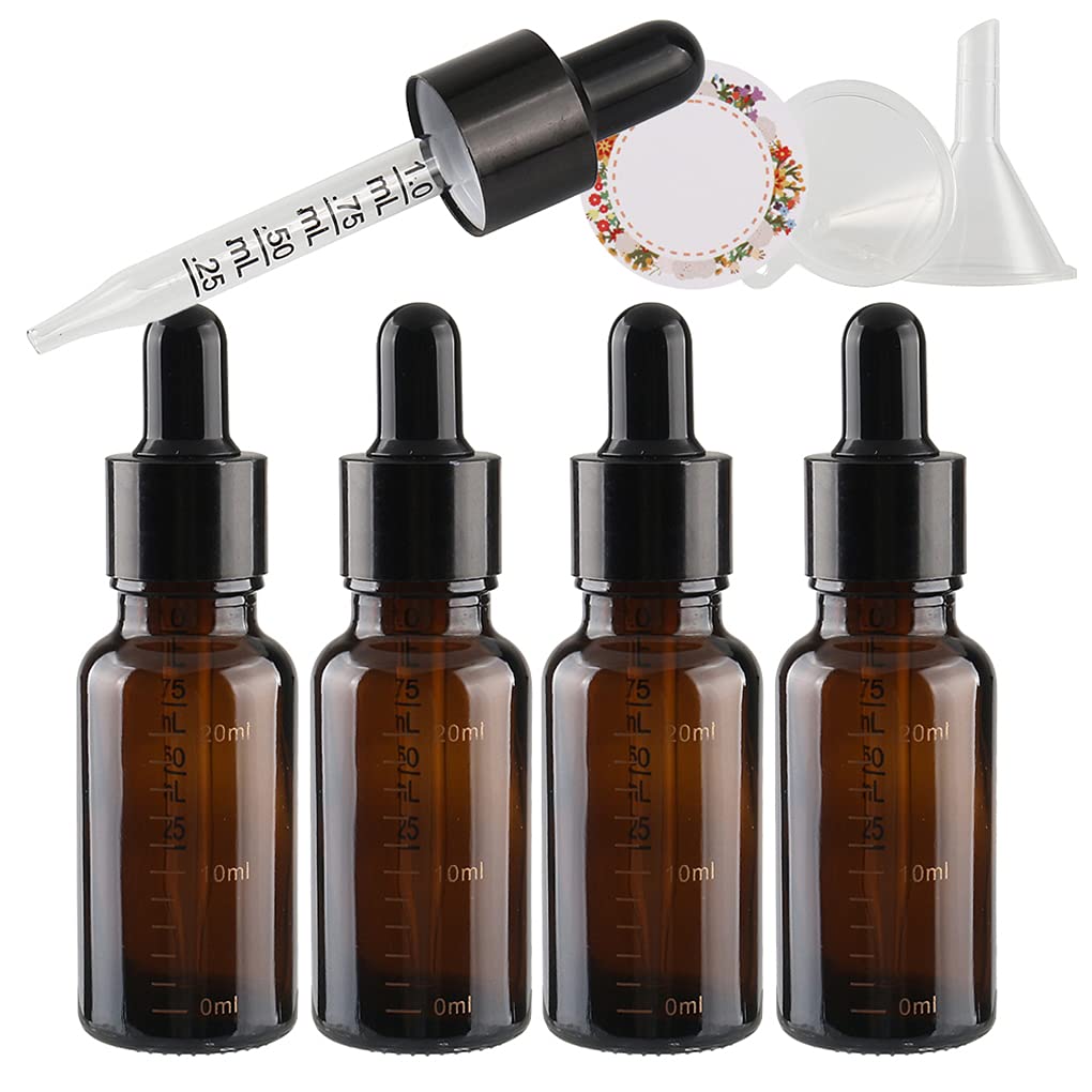 DLIBUY 4 Pcs Empty 20ml Amber Essential Oil Bottles with Graduated Pipette Brown Glass Dropper Bottles Vials for Cosmetic Essential Oils Colognes Perfume Aromatherapy