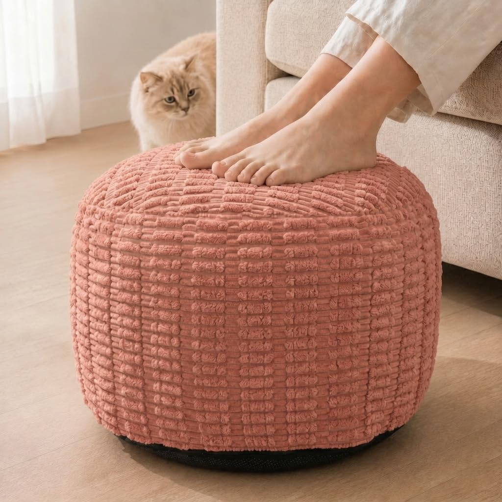 Round Pouf Ottoman, Dusty Rose, 20"x13", Corduroy Foot Rest