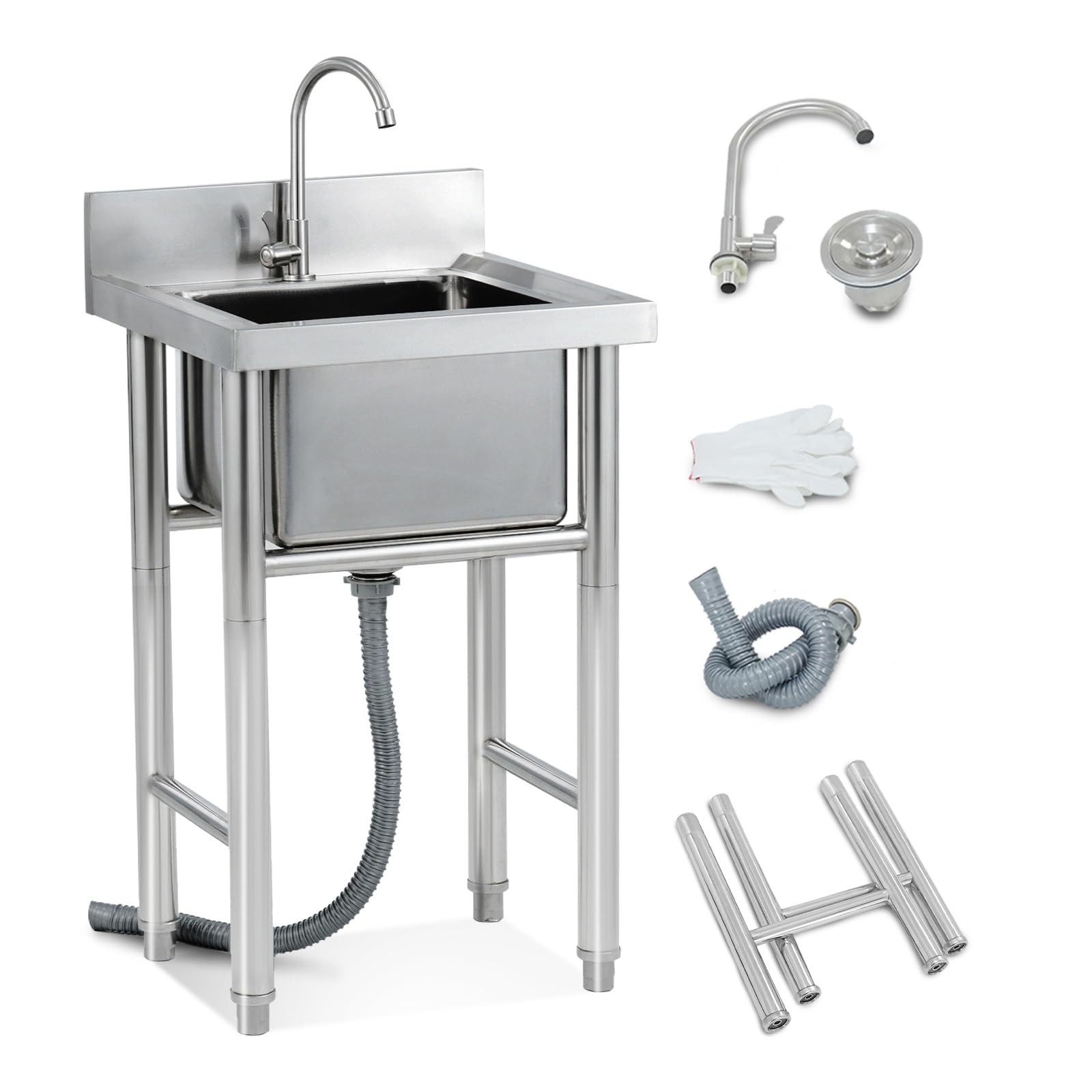 Outdoor Sink 304 Stainless Steel 1 Compartment Portable Hand Wash Station Free Standing Utility Sink for Garage Catering Restaurant Camping