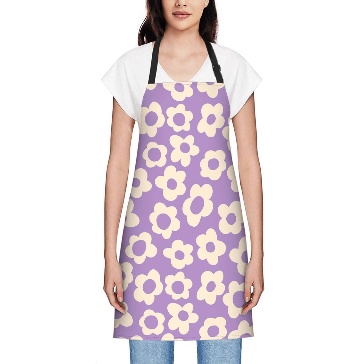 Smooffly Vintage Groovy Purple Flowers Apron Adjustable Bib Chef Aprons Cooking Apron Unisex Women Men Aprons Perfect for Home Kitchen Baking - Image 2