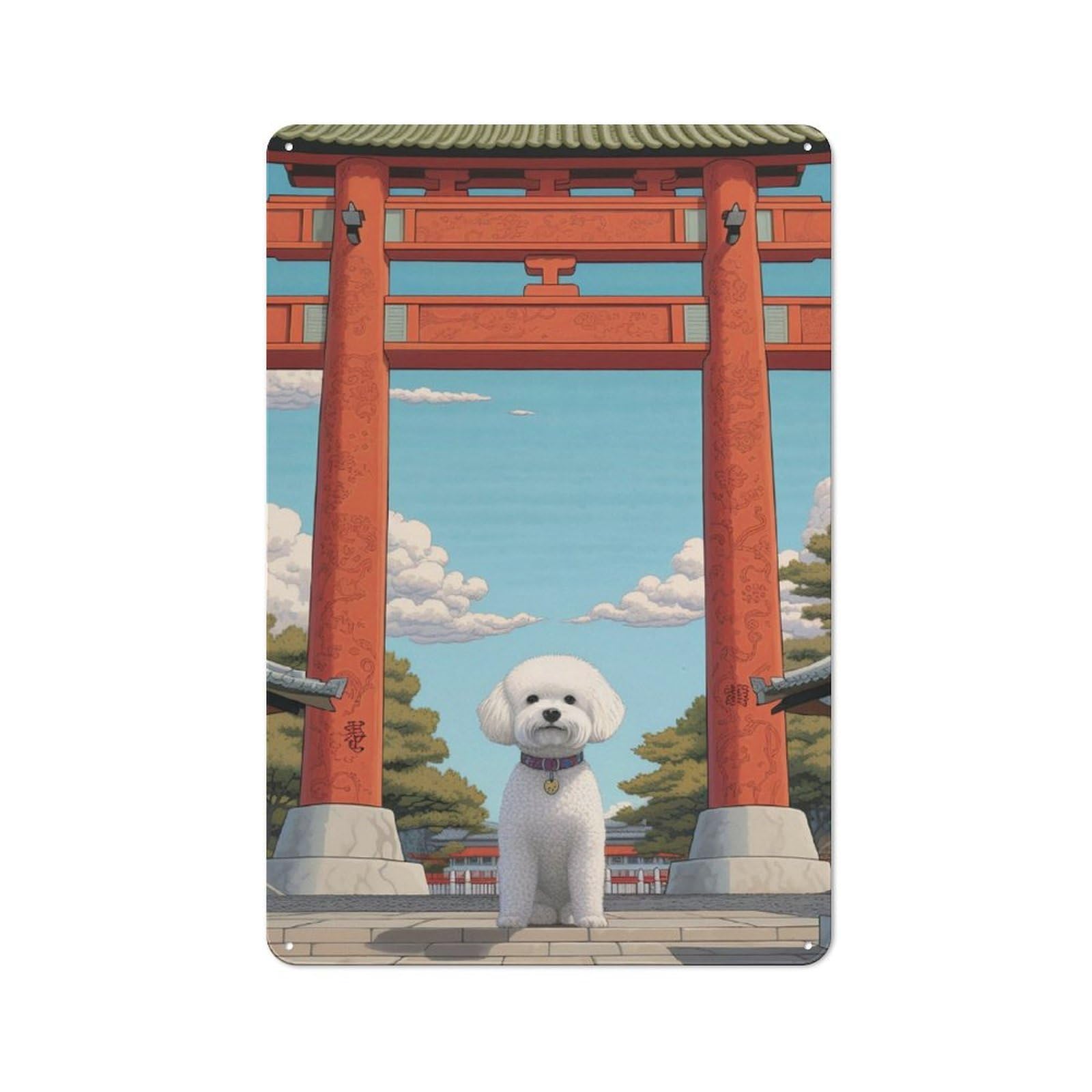 Junmoney Bichon Frise Torii Gate Rustic Metal Wall Sign 30X20cm For Home Office Or Studio, For Garage, Workshop And Man Cave Decoration
