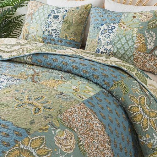 NEWLAKE Quilt Set King Size, 100% Cotton Patchwork Green Bohemian Quilt Sets, Reversible Bedspread Lightweight and Breathable for All Seasons, Soft Quilted Bedspread with 2 Pillow Shams - Image 7