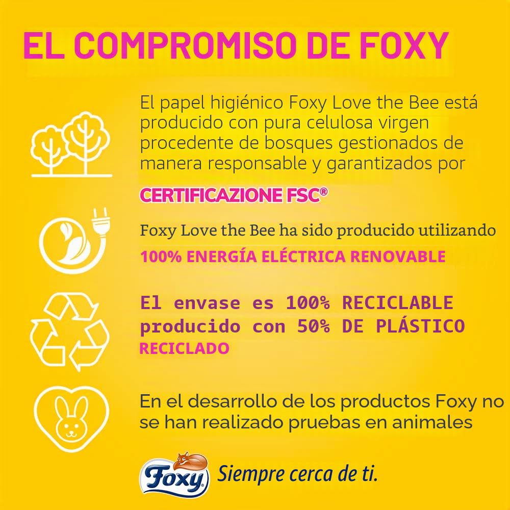 Foxy Love the Bee | Papel higiénico 56 rollos de 225 hojas | 2 capas de alto grosor | FSC | 100% energía eléctrica renovable | Embalaje fabricado con plástico reciclado