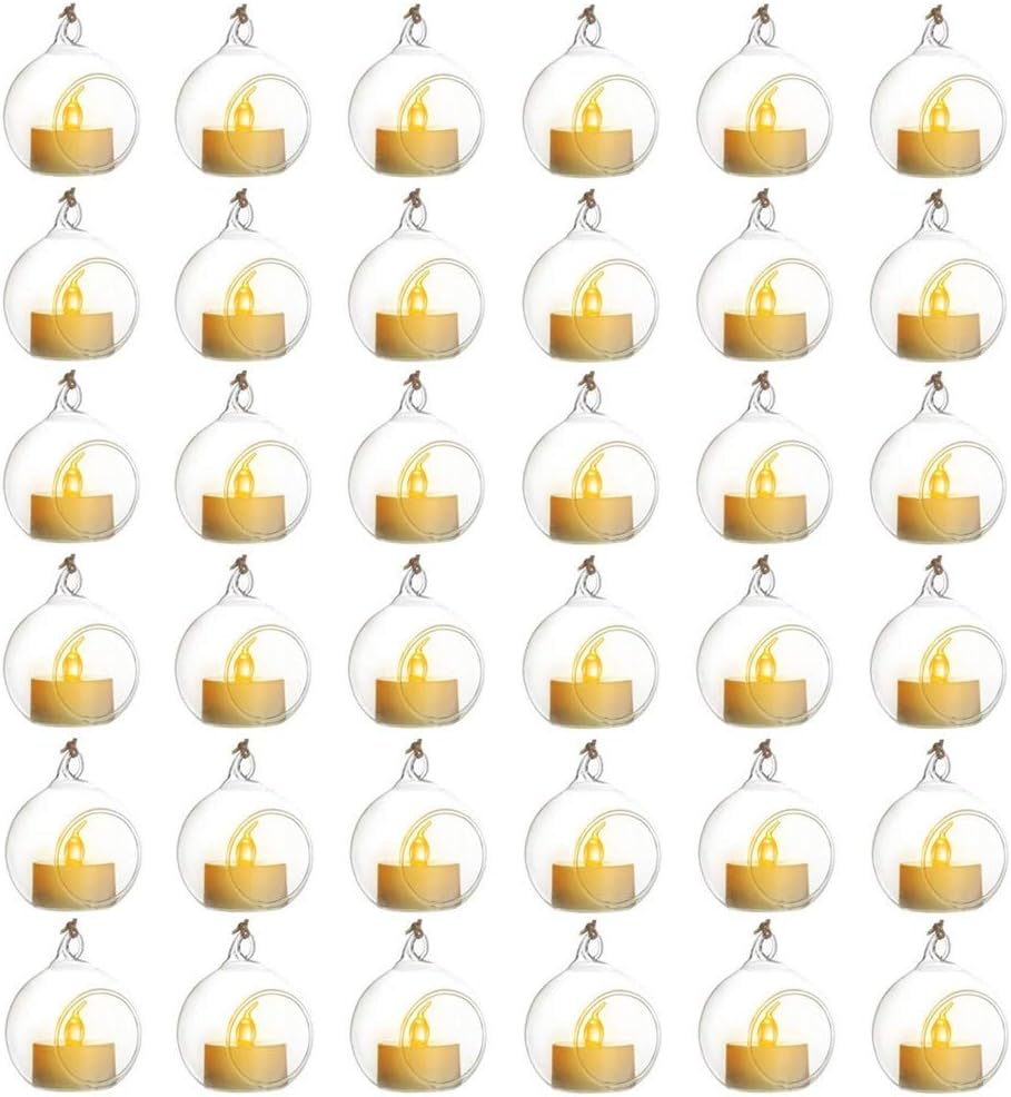 Hanging Glass Globes Orbs Tea Light Candle Holders with Flameless LED Tealight for Wedding Ornaments, Wedding Birthday Christmas Party Centerpiece Accessory 2.36inch 30pcs +6 Extra