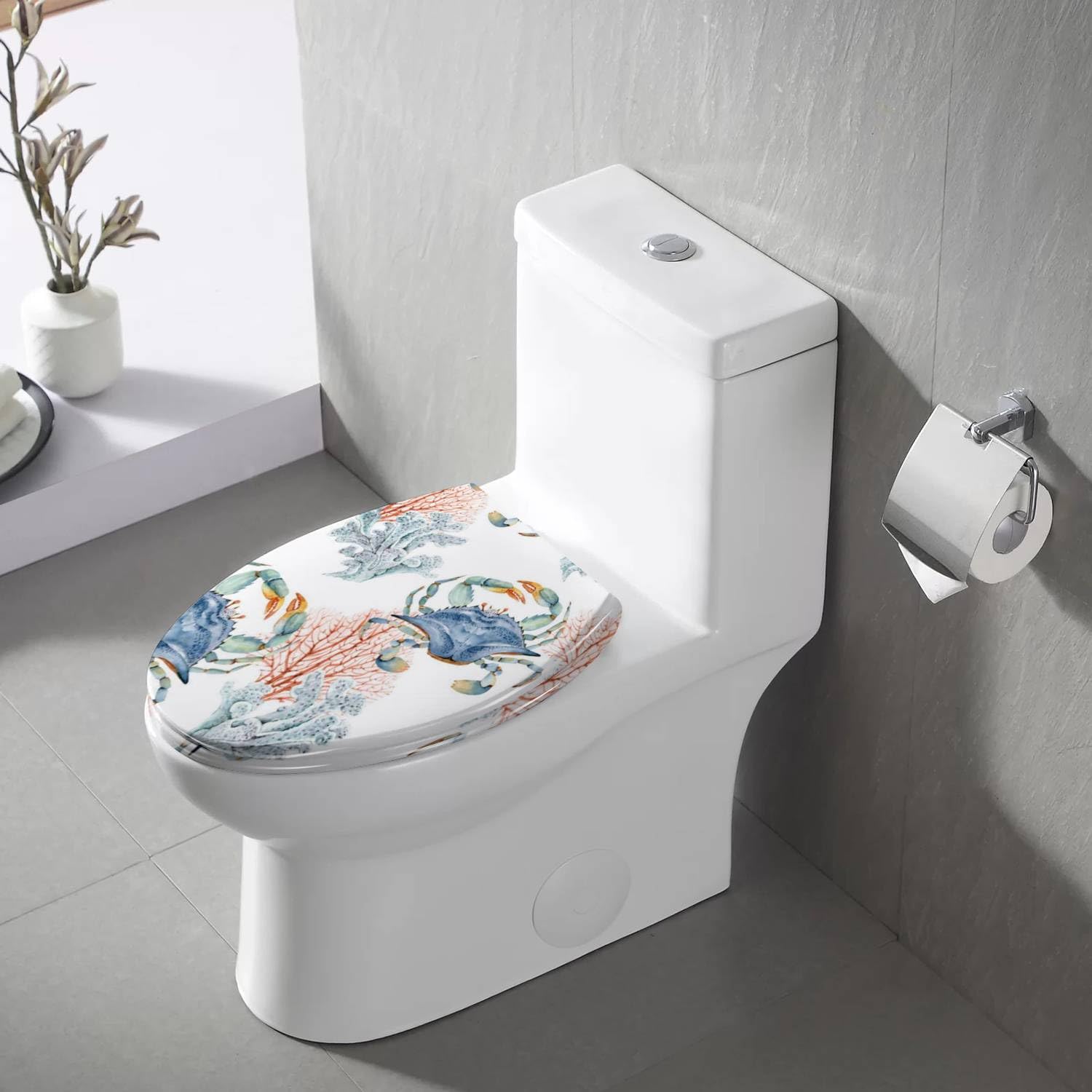 Elongated Toilet Seat sea blue crabs corals watercolor painted nautical style Resin Toilet Seat with Quietly Close Quick Release Hinges Decorative Toilet Seat with Cover Easy to Clean and Install