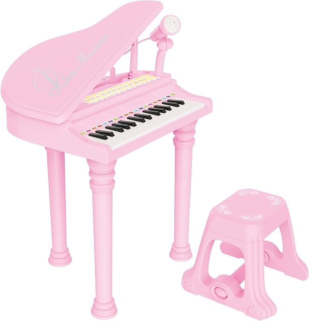 Jouet de clavier pour piano enfant, Jouet d'instrument de musique électronique pour tout-petit avec microphone, sons multiples, lecture d'enregistrement, lumières & Tabouret, Cadeau d'anniversaire 3 4 5 6 7 Années Vieilles filles