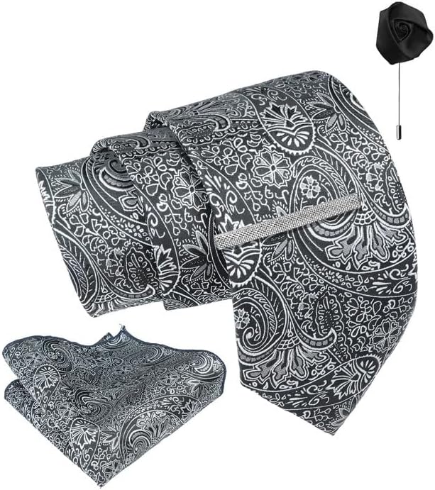 Tie for Men โ Micro Silk Neck Ties Set with Cufflinks Flower Pin, Pocket Square & Black Gift Box, Combo Necktie Sets for Office Wear, Formal Suits & Weddings (0, AXPL)