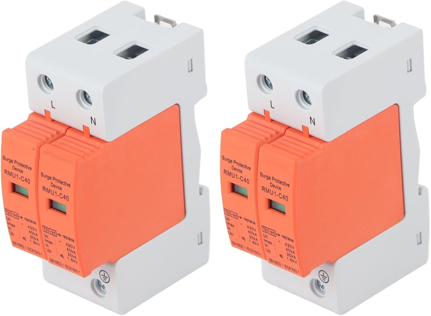2Pcs SPD Protective Device DIN Rail Mounting SPD House Arrester Protector 2P 420V RMU1‑C20/40/60 Lightniing Protective Device (Imax: 40kA)