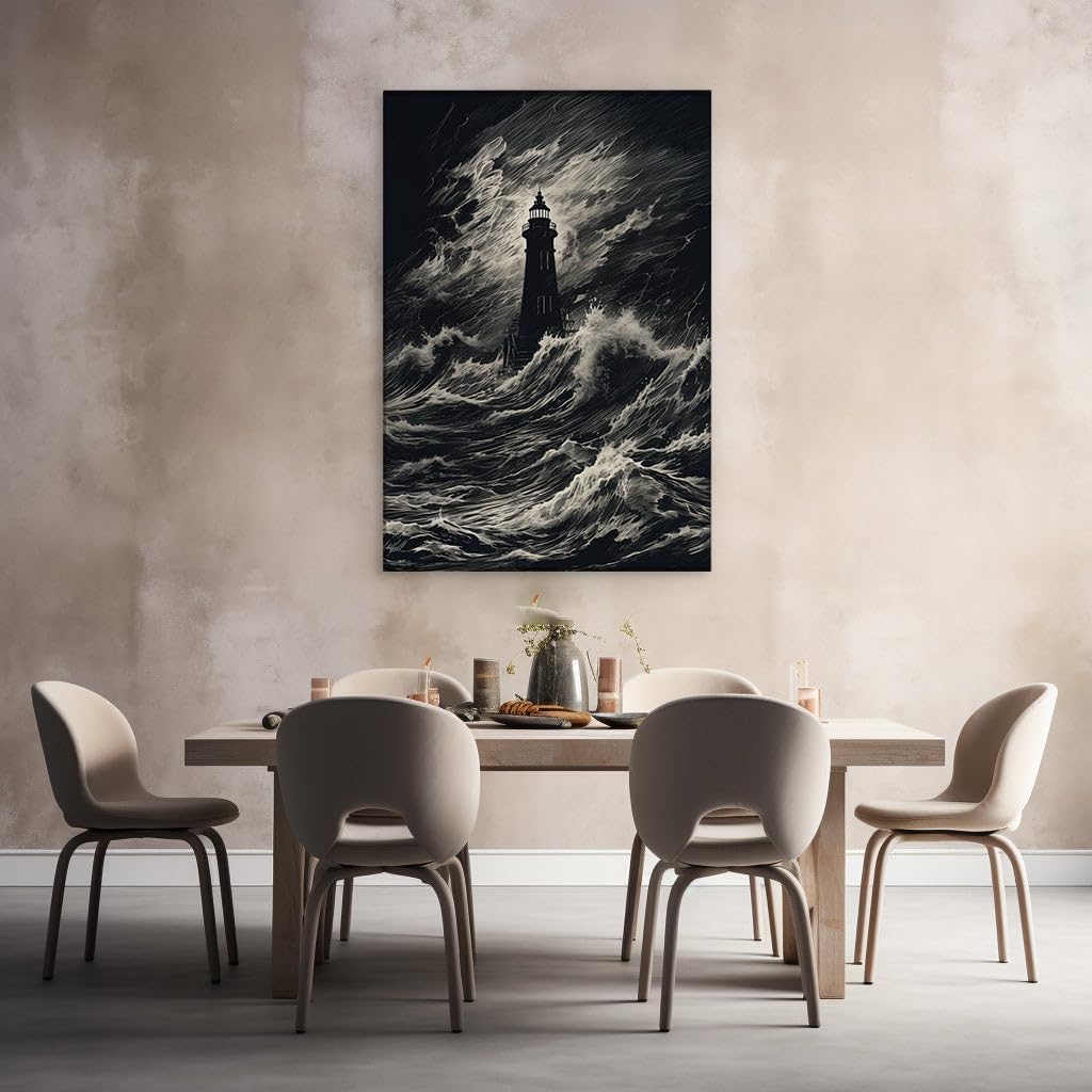 Canvas for Living room. Lighthouse Resilience: Illuminating Hope Amidst a Turbulent Sea, 27 x 18 inch Canvas Wall Art - Contemporary Masterpieces - Modern Home Decor