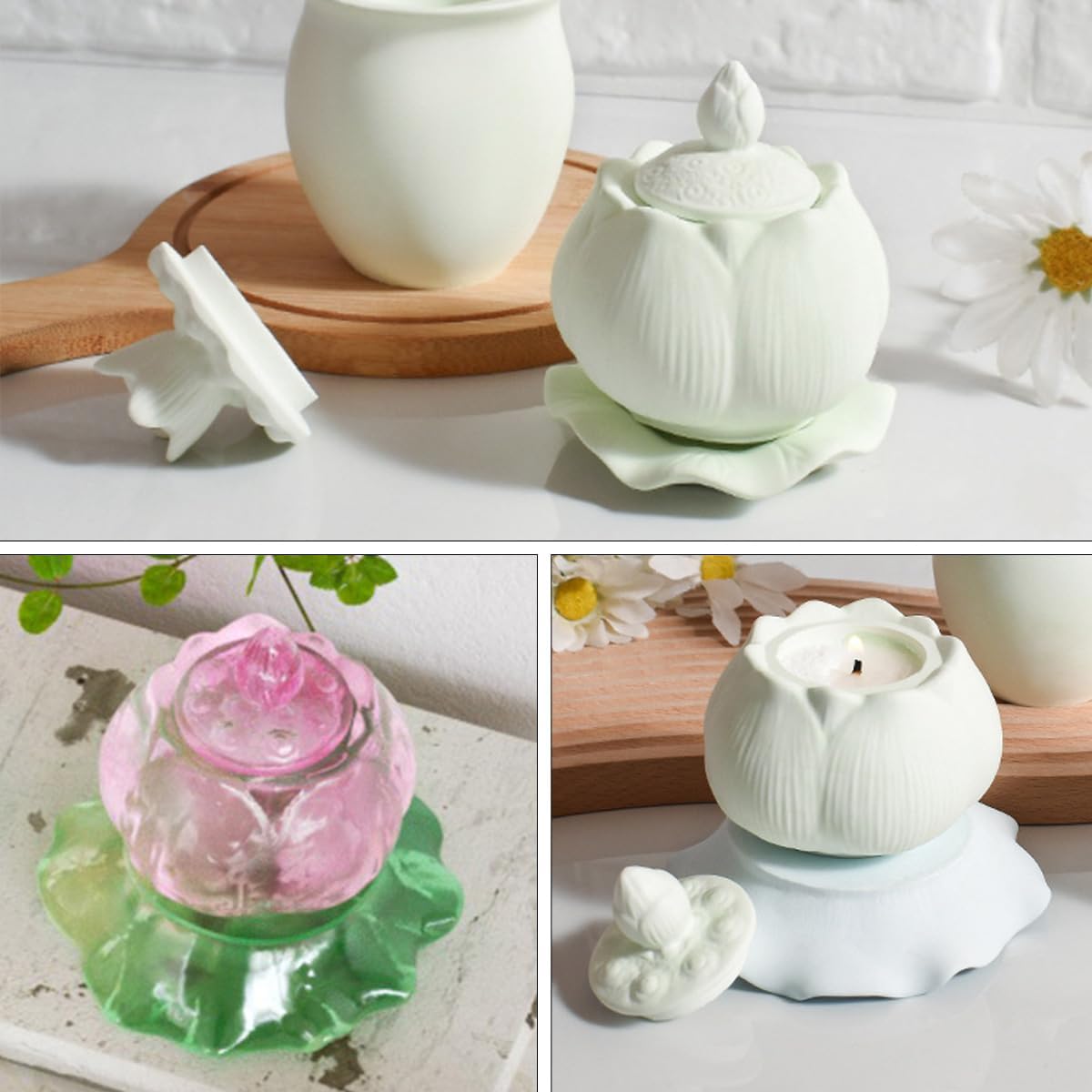 3 PCS Lotus Flower Jar Resin Silicone Molds with Lid Flower Candlestick Epoxy Casting Silicone Molds Candle Holder DIY Jewelry Box Candy Container Home Table Decoration