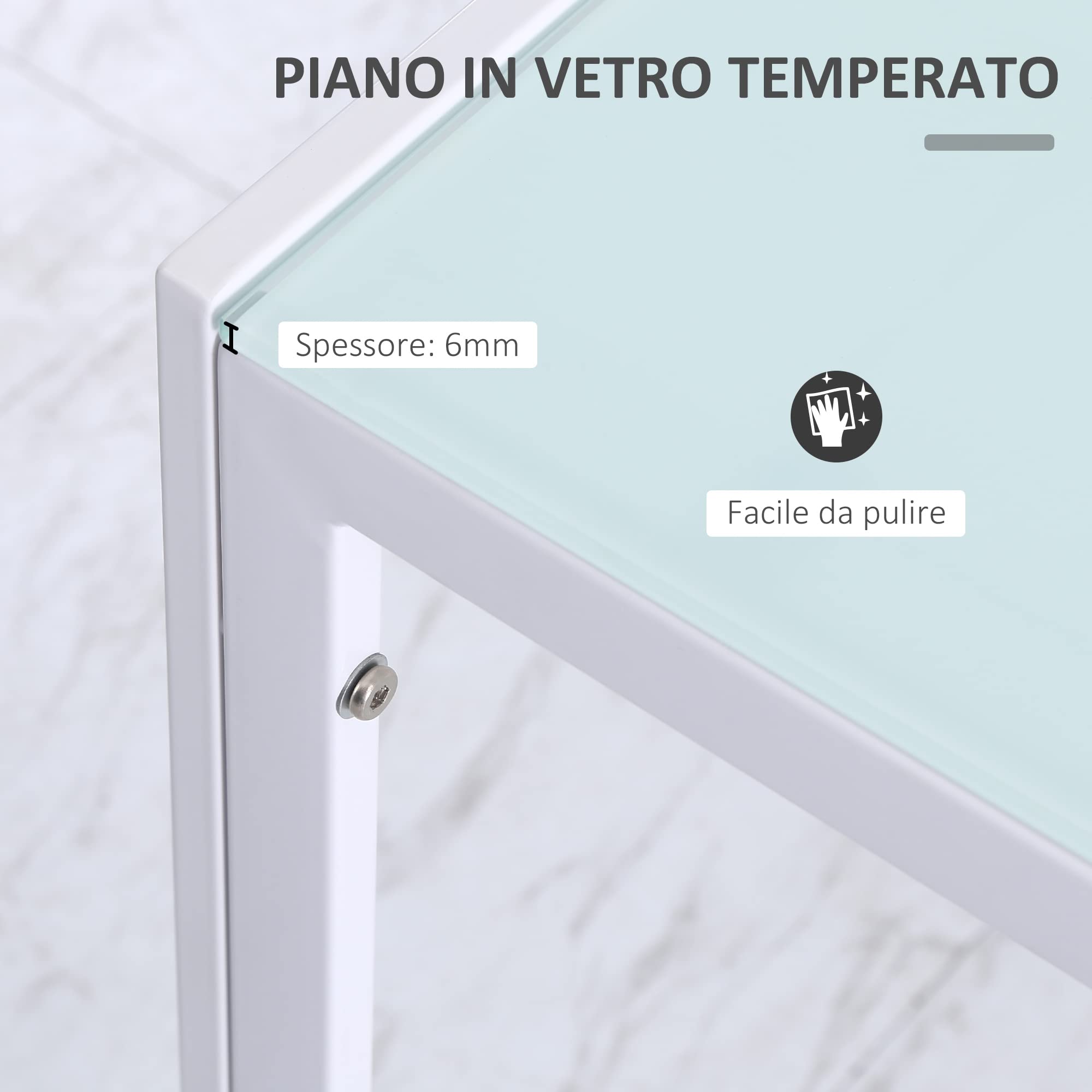 HOMCOM Tavolo Rettangolare da 4 Persone per Cucina e Soggiorno, Tavolo Moderno in Metallo e Vetro Temperato, 120x60x75 cm, Bianco