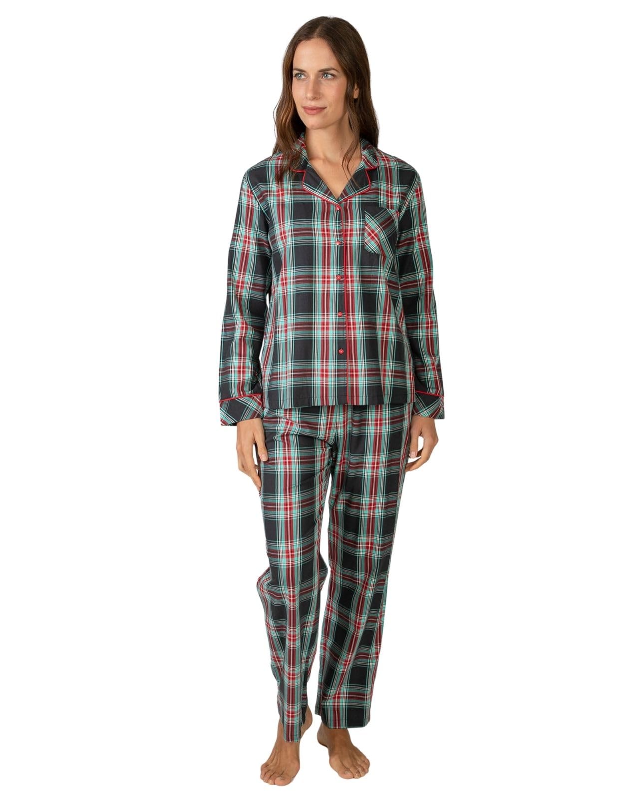 MASSANA Pijama de Invierno para Mujer P751210, Conjunto de Cuadros Negro, Rojo y Verde, Manga Larga, 50% Algodón 50% Viscosa