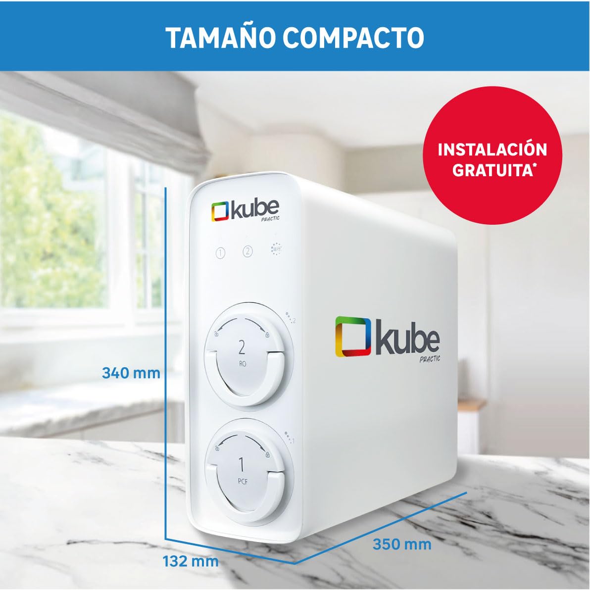 Ósmosis Kube Practic con Instalación por Técnico Incluida - Sistema de ósmosis inversa, filtro de agua sin depósito con 5 etapas, RO 600 GPD de flujo directo, Grifo 3 vías, Certificado UNE 149101