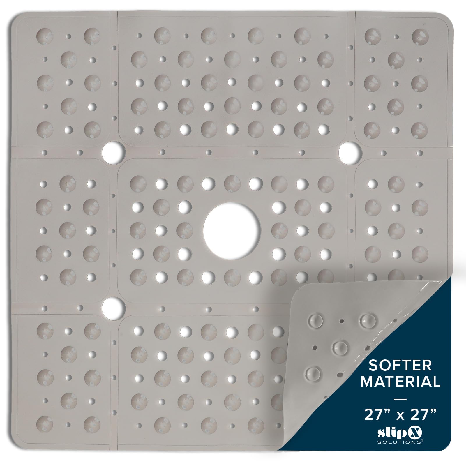 SlipX Solutions 27" Oversize Square Shower Mat, Non-Slip Mat for Elderly & Kids, 100+ Power Grip Suction Cups for Smooth Surfaces, Machine Washable,