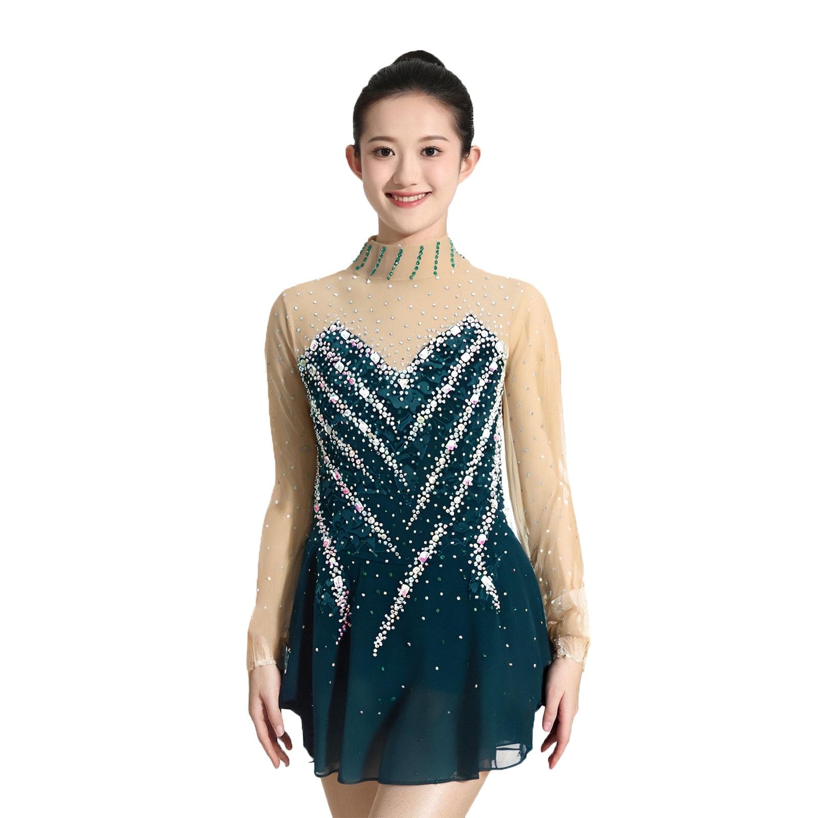 Girl's Shiny Rhinestones Figure Skating Dress, Women's Handmade Competition Ice Skating Dresses, Customizable(Large) Green
