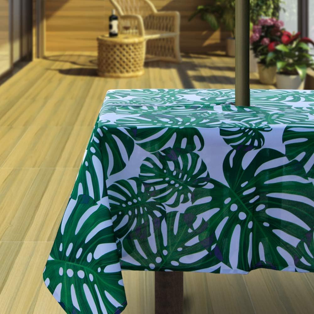 Hipinger Heavyweight Wrinkle-Free Stain Resistant Waterproof Outdoor Tablecloth with Umbrella Hole and Zipper (60" Square-Zippered, Green Leaves)