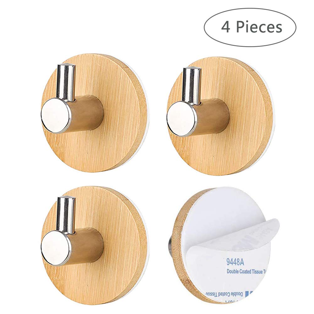 XYJJ 4 Pezzi Bambù Gancio Asciugamani, Gancio Accappatoio, Ganci per Accappatoio e Asciugamano da Bagno, Ganci di Bambù Autoadesivi, per Appendere Cappotto, Cintura, Cuffia, Nero, Legno Color