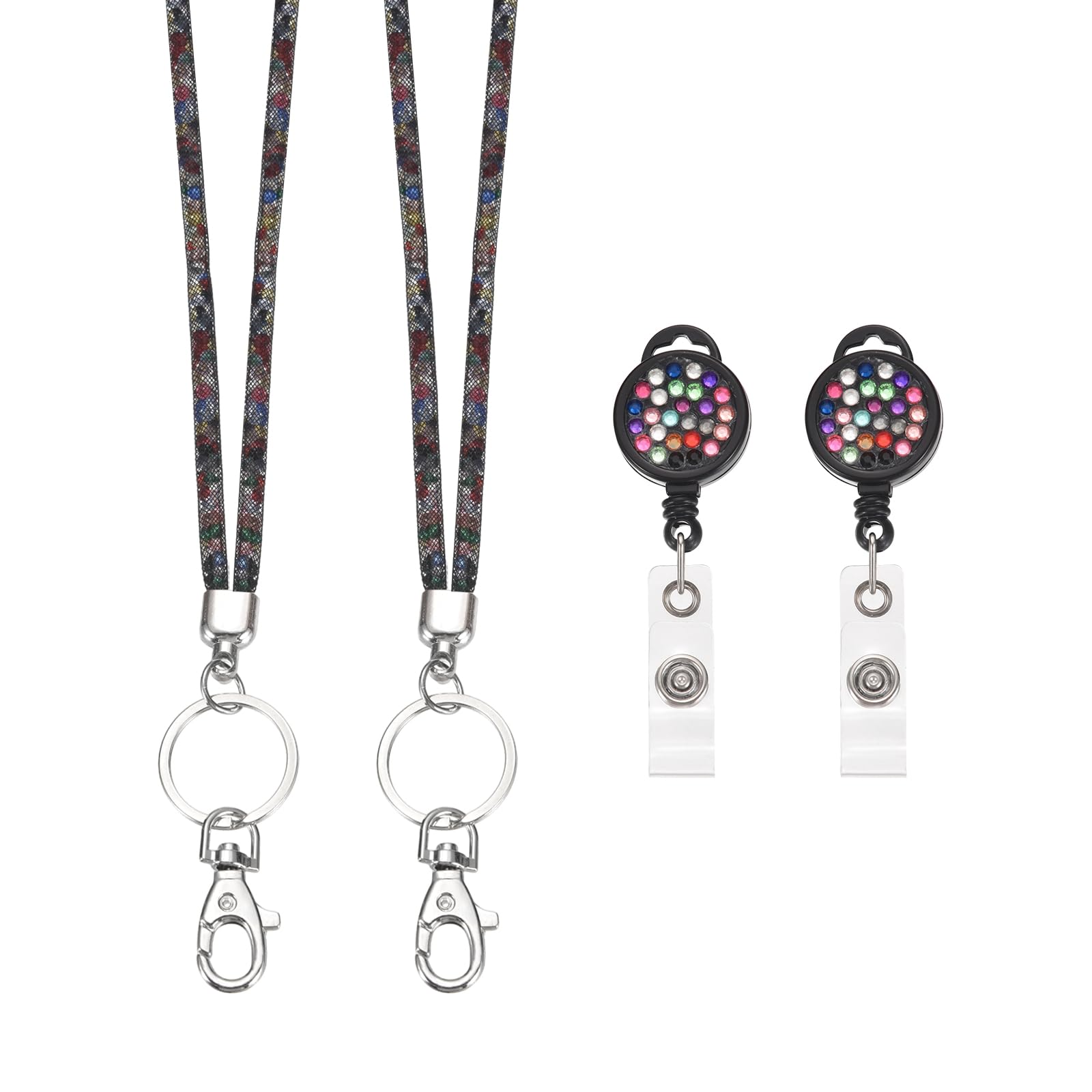 PATIKIL Rhinestones Lanyard for Women, 2 Pcs Sparkly Neck Lanyard Bling Keychain ID Holder with Retractable Badge Reel and Keyring for ID Card, Work Name Card, Black Multicolor