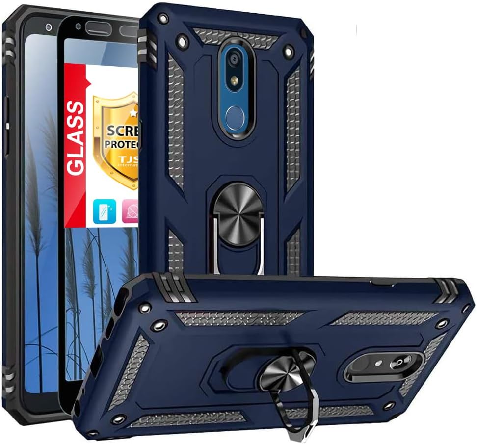 TJS Phone Case Compatible with LG K40/K12 Plus/X4/Solo LTE/Harmony 3/Xpression Plus 2, with [Full Coverage Tempered Glass Screen Protector] Impact Resistant Metal Ring Magnetic Support (Blue)