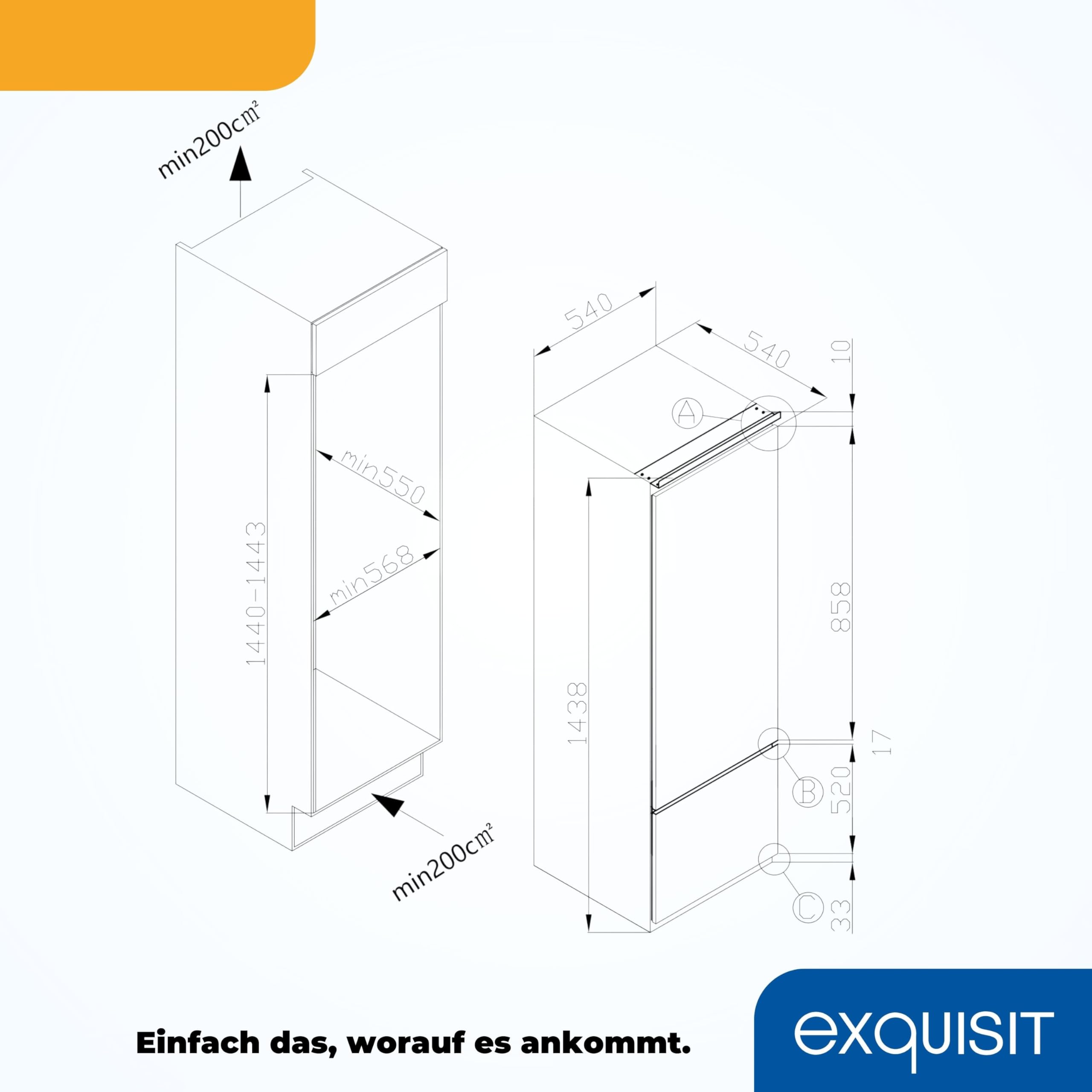 Exquisit Einbau-Kühl-Gefrierkombination 212 L, 145 cm, Klasse E | Schlepptürmontage für nahtlose Küchenintegration – 4-Sterne-Gefrierfach, 39 dB, ideal für 3–4 Personen