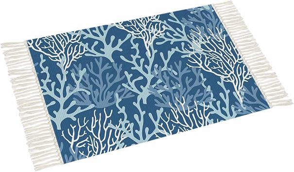 Dark Blue Coral Entryway Rug 3x5, Washable Woven Cotton Area Rug with Tassels Throw Rug Bathroom Rugs, Spring Summer Coastal Nautical Ocean Beach Non Slip Carpet for Living Room Kitchen Office Dorm