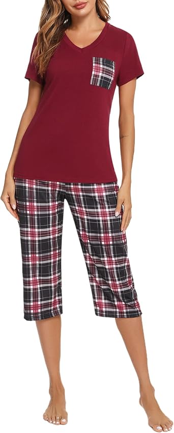 iClosam Women's Pyjamas Set Cotton Pajamas Sleepwear Short Sleeve Loungewear Top and Checked Capri Pants Pjs Set Soft Nightwear