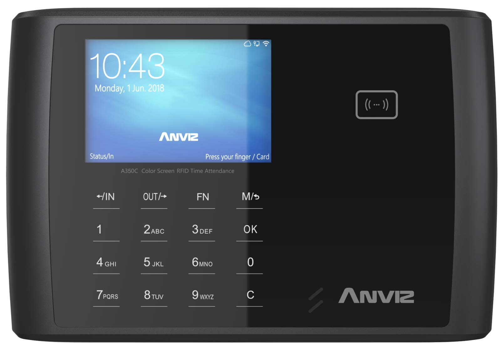 Anviz A350C BT-Wifi Rilevazione presenze: Card Rfid e PIN, Linux, CPU 1 GHZ, Tcp/ip, WIFI, Bluetooth, Rs485, mini USB, LCD 3,5" TFT, relè output, Wiegand Out, Web server.