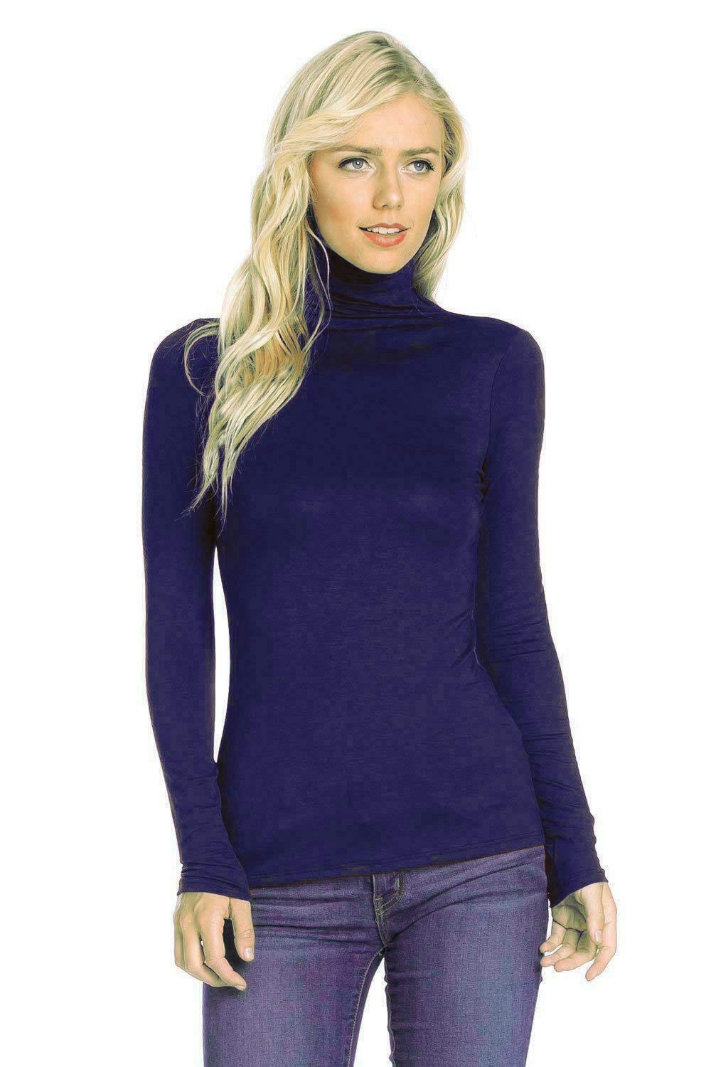 Candid Styles Women's Navy Polo Roll Neck Long Sleeve Turtle Neck Plain Jumpers For Top(,8-10)