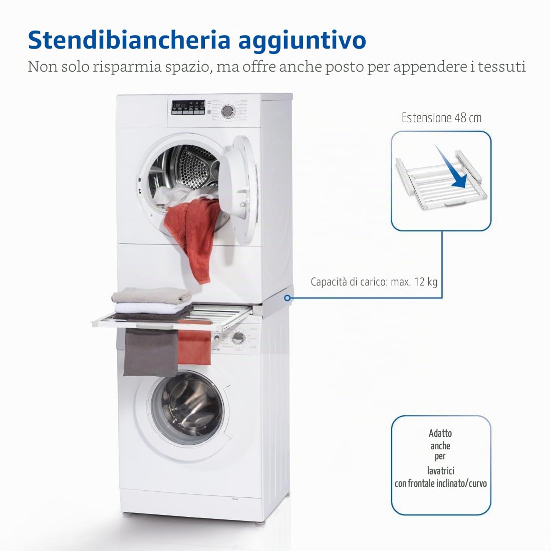 Kit intermedio per lavatrice/asciugatrice, stendino integrato.