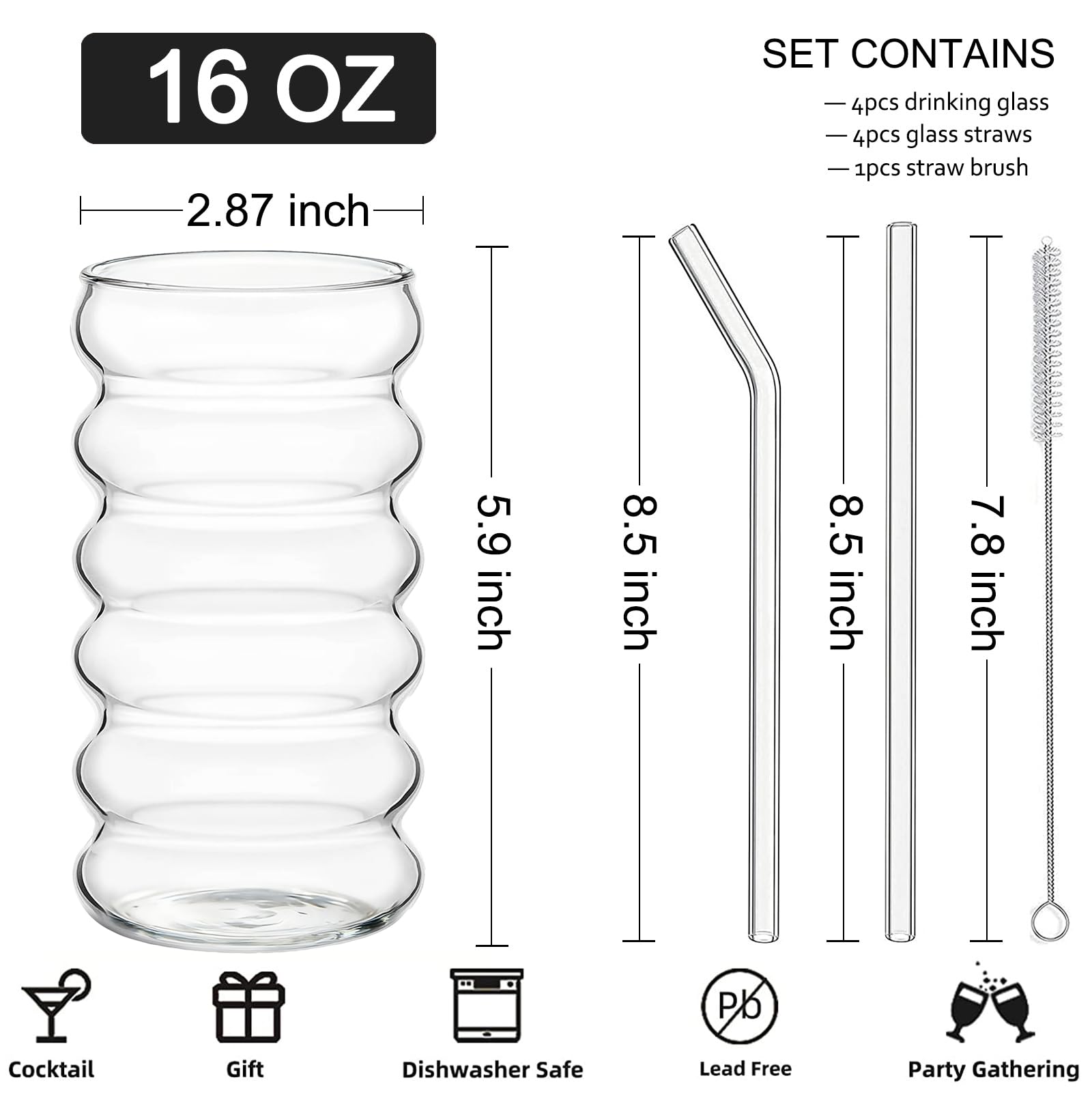 ALINK Set di 4 bicchieri di vetro a coste con cannucce, 473,6 ml, bicchieri da caffè ghiacciato, bicchieri da birra ondulati, bicchieri da birra per coctail, latte, soda, regalo con pennello
