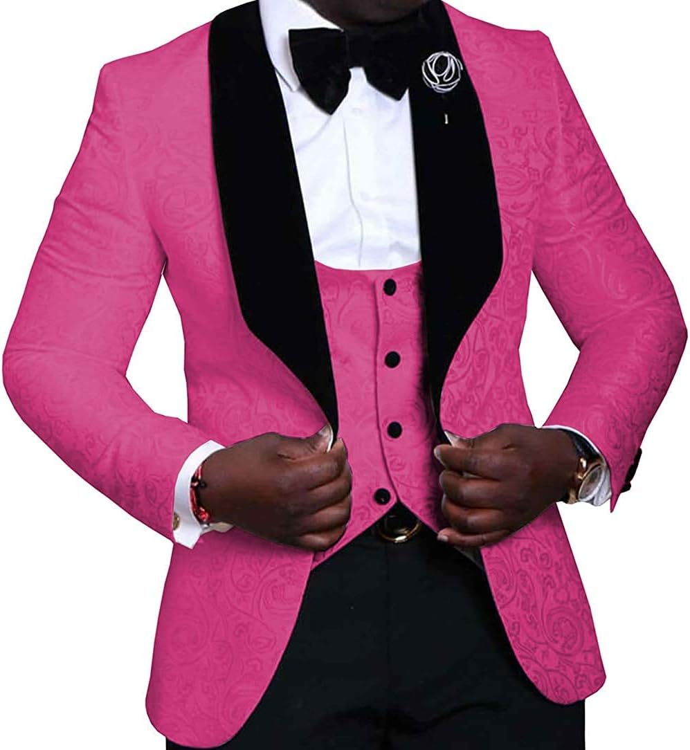 Men's 3 Pieces Mens Suit Jacquard Slim Fit Shawl Lapel Tuxedos for Wedding Groomsmen(Blazer+Vest+Pants)