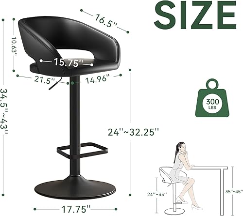 Miniatura 2 de Taburete de bar giratorio ajustable con brazos, respaldo hueco y reposapiés, modernos taburetes de altura de mostrador de piel sintética, silla de