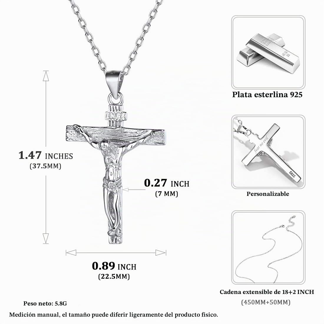 ChicSilver Collar Cruz Inri Plata de Ley 925 Hombre Mujer Colgante Crucifijo Cristiano Amuleto