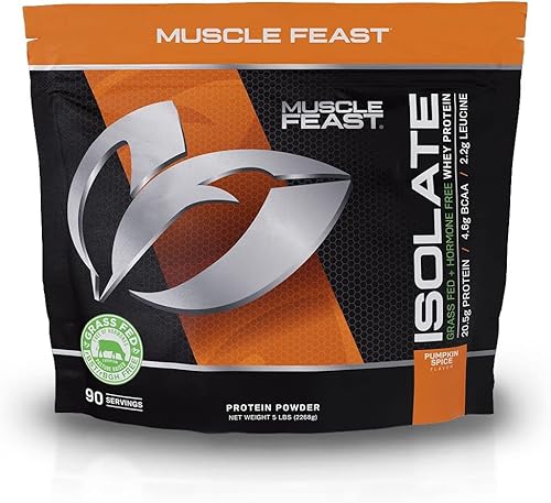 Muscle Feast Aislamiento de proteína de suero alimentado con pasto, sin hormonas naturales, pasto criado, especias de calabaza, 5 libras (90