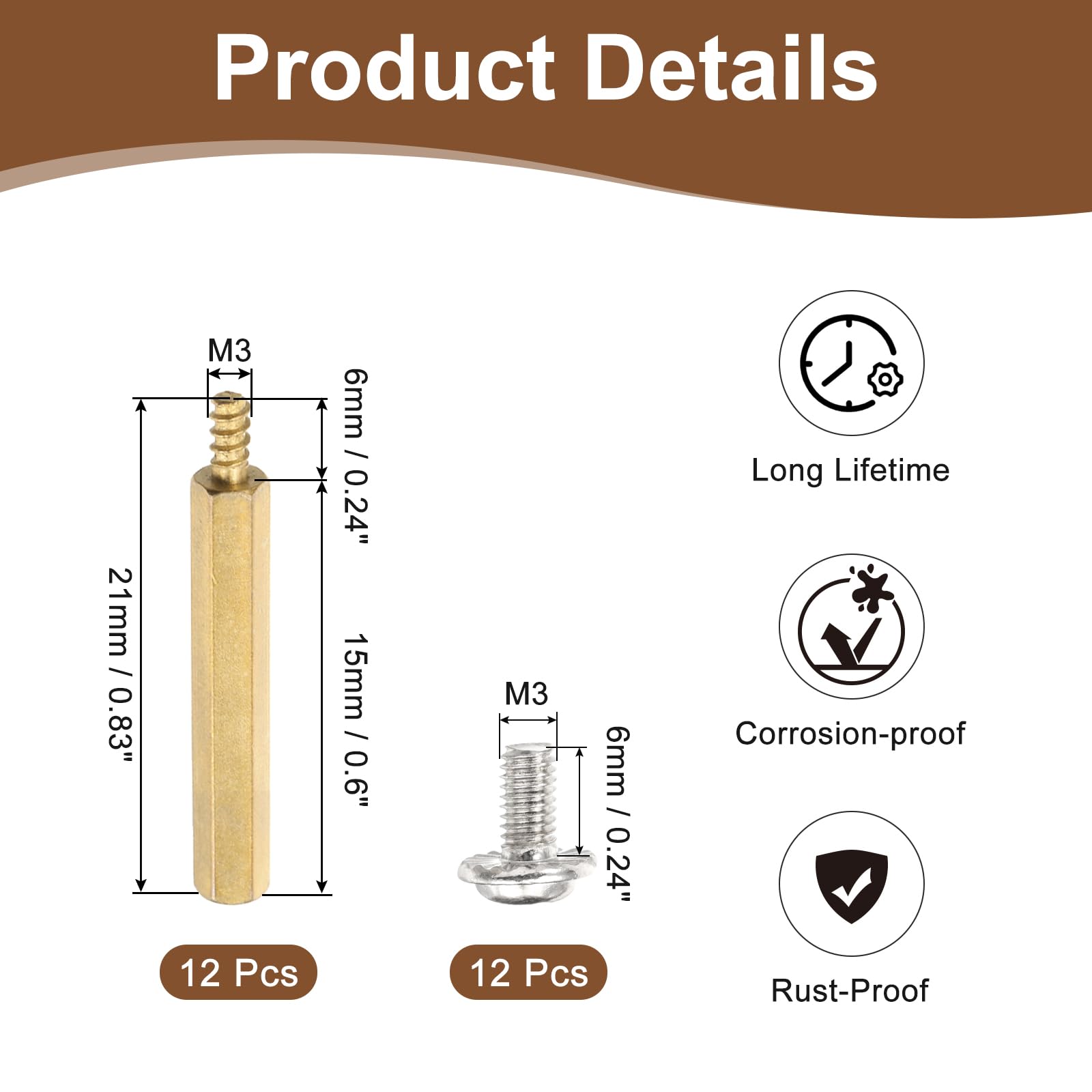 PATIKIL 12 Set M3 Hex Standoffs Brass, M3 x 15mm + 6mm Studs Male to Female Motherboard Standoffs Spacers Pillars, Gold, with Screw - Image 2