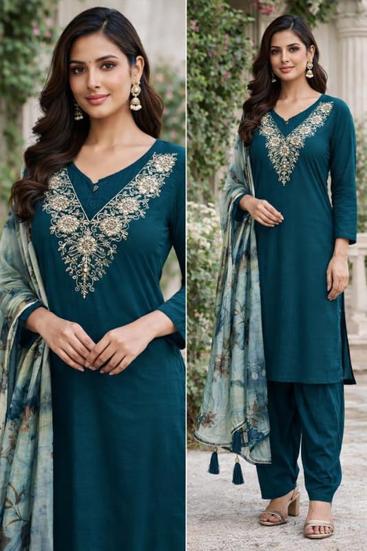 Image of Women's Chanderi Silk Kurti with Rayon Slub Pants & Dupatta | Printed Three-Quarter Sleeve Ethnic Setv Turquose