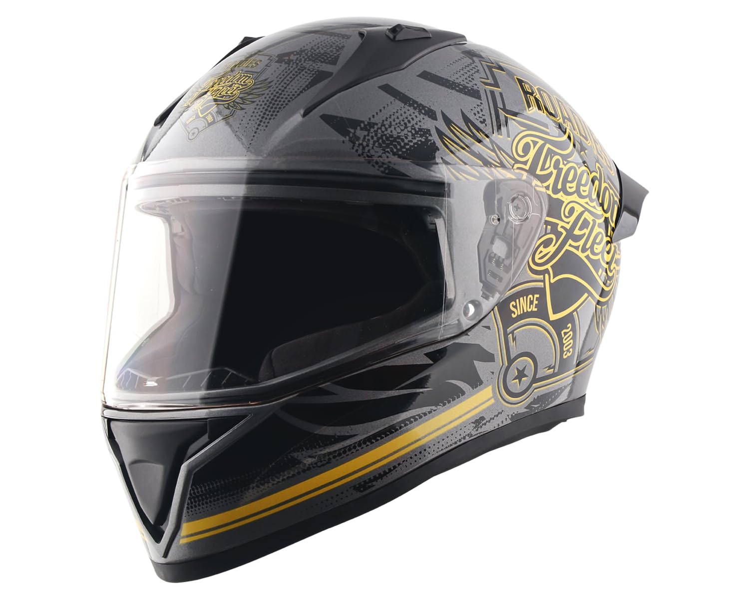 Vega Bolt Roadies Freedom Fleet Full Face Helmet – High-Impact ABS Shell, Aerodynamic Design, Premium Graphic Finish Athena Grey Gold – M-image-5