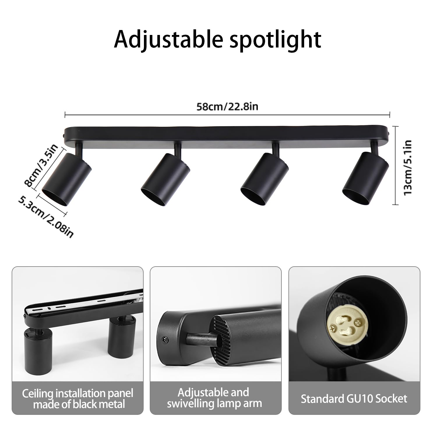 CHENBEN Reflektor sufitowy, 4 żarówki, GU10, czarna, regulowana w zakresie 350°, lampa sufitowa, nowoczesne reflektory punktowe LED, do sypialni, kuchni, salonu (bez żarówek)